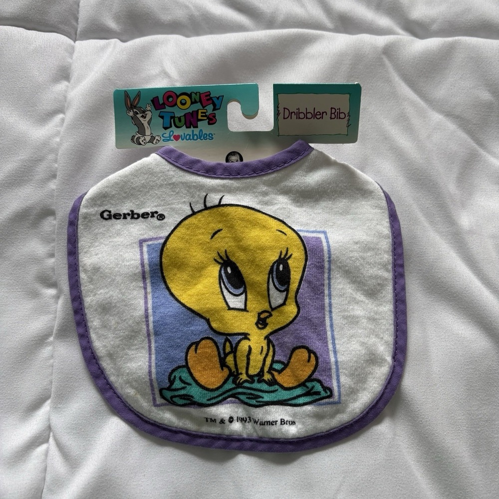 NWT Vintage 90s Gerber‎ Baby Bib Looney Tunes Tweety Bird White Purple 1993 Y2K